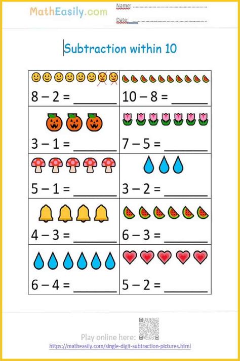 Counting Back Subtraction First Grade, Subtraction Worksheets Grade 1, Exam Encouragement, Subtraction Worksheets For Kindergarten, Kindergarten Subtraction, Math Subtraction Worksheets, Number Words Worksheets, Subtraction Within 10, Kindergarten Math Free