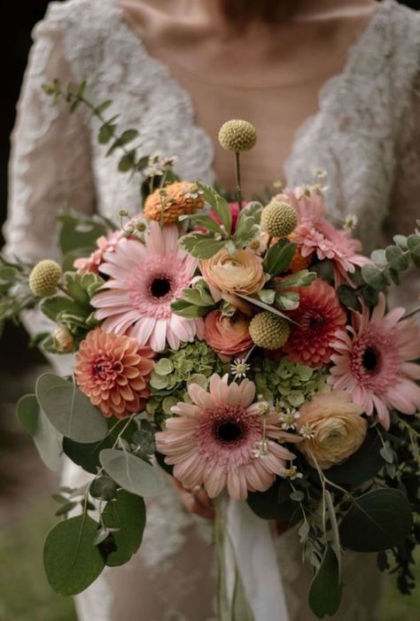 Fun Gerber Daisy Bridal Bouquet Inspo Fall Daisy Wedding Bouquet, Gerbera Wedding Flowers, Daisy And Dahlia Bouquet, Big Daisy Bouquet, Gerber Daisy Eucalyptus Bouquet, Gerber Daisy Flowers, Wedding Gerbera Bouquet, Pink Daisy Wedding Bouquet, Daisy Wedding Bouquet Rustic