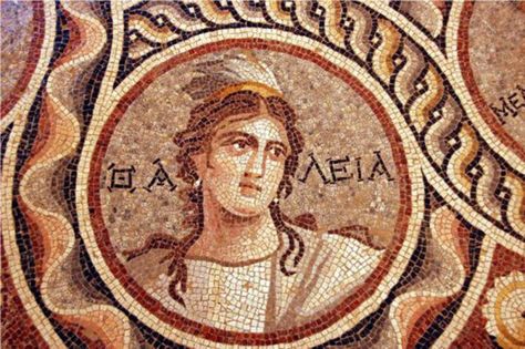 The muse Thalia from the mosaic of the 9 muses,2nd cent.BC recently excavated in Zeugma  Turkey Opus Vermiculatum, Ancient Mosaic, Southern Turkey, Ancient Greek City, Eastern Roman, Empire Romain, Roman Mosaic, Grece Antique, Modern Mosaics