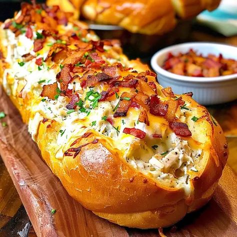 Chicken Bacon Ranch Stuffed Bread - Chicken Bacon Ranch Bread, Chicken Bacon Ranch Stuffed Bread, Baked Lunch Ideas, Chicken Bacon Ranch Sandwich, Stuffed Bread, Fun Dinner, Italian Sandwich, Supper Ideas, Chicken Bacon Ranch