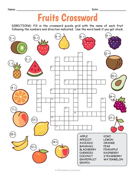 Food Crossword Worksheets, English Crosswords Worksheets, English Crosswords, Food Crossword, Fruit Worksheet, Crosswords For Kids, Crossword Puzzles Printable, Kids Crossword Puzzles, Printable Fruits