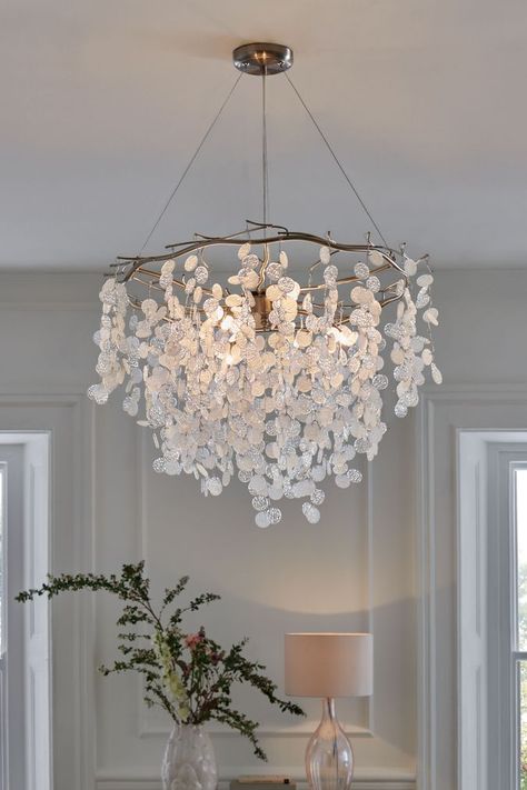 Lunaria is a delicate and stunning piece. Brushed chrome with textured glass bead detail. A lovely addition to your home.  75% Glass, 25% Metal. Light Fixtures For Hallway Ceilings, 2 Ceiling Lights In Bedroom, Next Chandelier, Pretty Ceiling Lights, Victorian Style Lighting, Lights For Hallway Ceilings, Beaded Ceiling Light, Hallway Chandelier Entryway, Landing Lights Upstairs