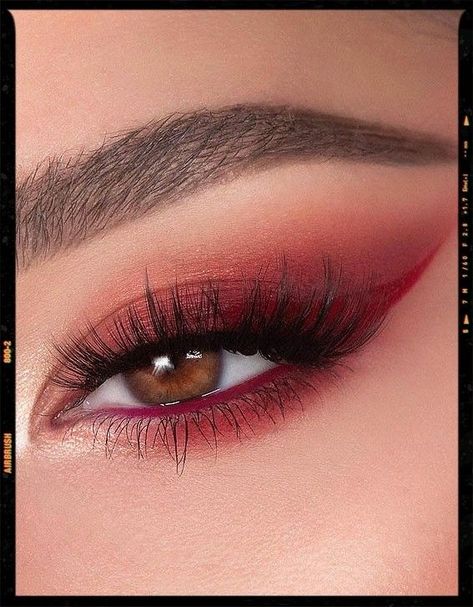 Make Up For Brown Eyes Colorful, Makeup Red Ideas, Red Makeup Looks Wedding, Simple Prom Makeup Red Dress, Light Red Smokey Eye Makeup, Red Eyeshadow For Hooded Eyes, Red And Brown Makeup Look, Red Wing Eye Makeup, Red Eye Makeup Wedding