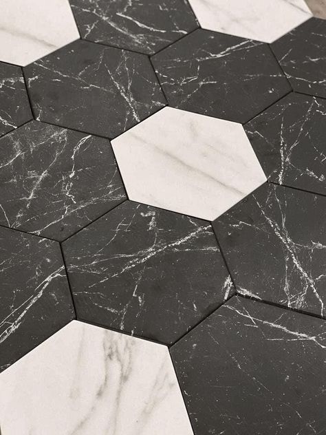 Cosmo Black Marbled Porcelain Hexagon Tile Sample ships for free from Tile Club! Order your mosaic tile sample to preview the material, color, and design in person. Tile samples are typically 4” x 5” pieces cut from a full-size tile sheet and are not intended to be installed. Home Floors, Porcelain Hexagon Tile, White Hexagon Tiles, Honeycomb Tile, Hexagon Floor, Hexagon Tile Floor, Hexagon Tile, Shower Installation, Floor Kitchen