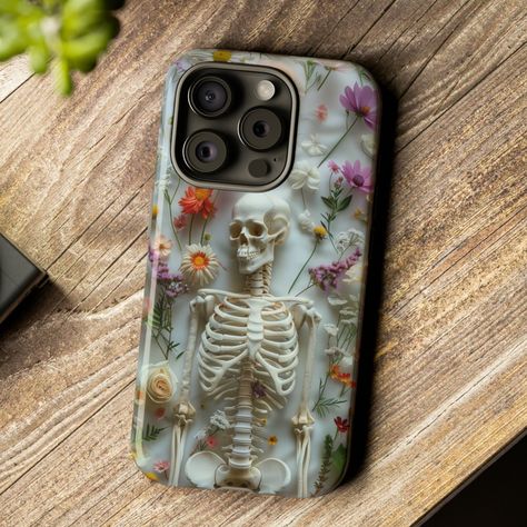 Embroidered Look Phone Case Cute Skeletons and Flowers, Floral  Phone Cover Halloween Cottagecore iPhone Samsung Dark Academia Gothic Skeletons And Flowers, Halloween Cottagecore, Skeleton Phone Case, Dark Academia Gothic, Flowers Phone Case, Cute Skeleton, Phone Games, Unique Halloween, Custom Phone