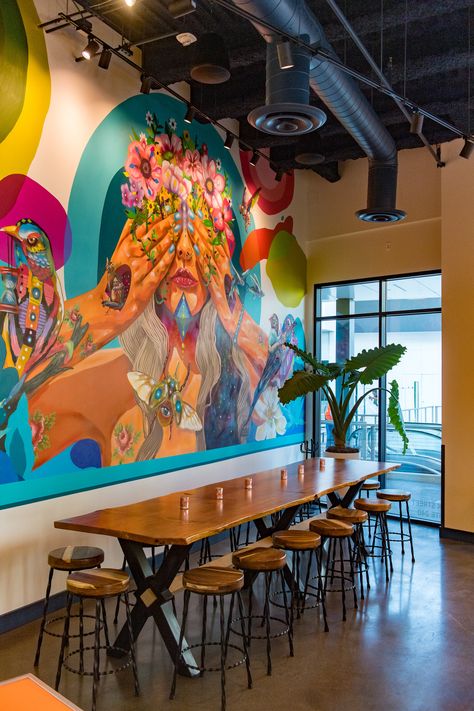 Bar Wall Mural Ideas, Selfie Wall Ideas Restaurant, Mexican Restaurant Design, Mexican Restaurant Decor, Rooftop Restaurant Design, Mural Cafe, Downtown Sacramento, Restaurant Wall Art, Best Cafe