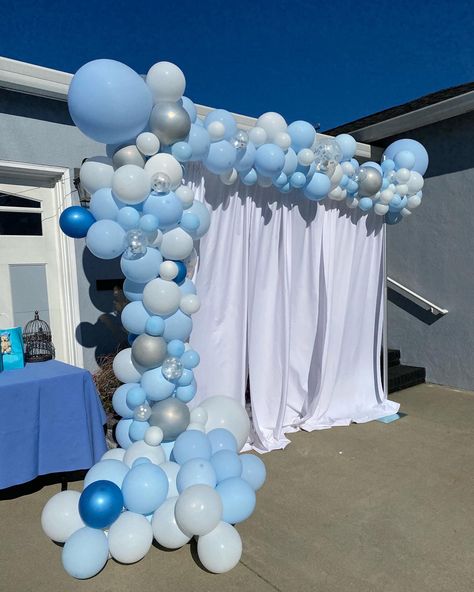 Drive by baby shower Blue, white and silver balloon garland Sky Blue Balloons Decorations, Sky Blue Theme Birthday Party, Sky Theme Birthday Decoration, Sky Blue Birthday Party Decorations, Blue And White Balloon Decorations, Blue And White Party Decorations, Blue Themed Birthday Party, Blue Birthday Themes, Silver Balloon Garland