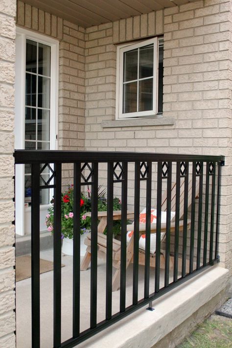 Vertical Metal Balusters with Diamonds Railing Porch, Wrought Iron Porch Railings, Balcony Aesthetic, Black Porch, Aesthetic Balcony, Porch Railing Designs, Front Porch Railings, Iron Railings, Balcony Decoration