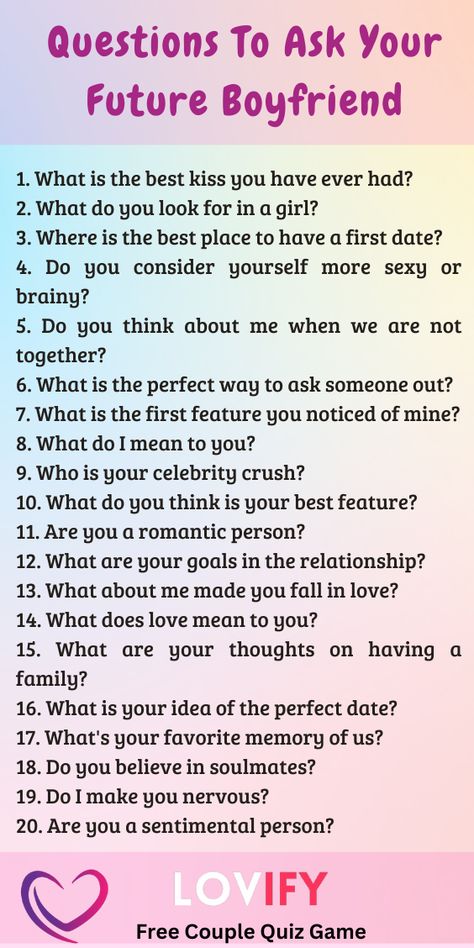 Prepare for your future relationship with these thoughtful questions to ask your future boyfriend. Perfect for understanding your compatibility and setting the foundation for a strong bond! #FutureBoyfriend #RelationshipGoals #LoveLife #GetToKnowYou #DeepConversations #CoupleBonding #Compatibility #IntimateQuestions #HeartfeltTalks #NewBeginnings Future Questions To Ask Your Boyfriend, Ft Topics, Thoughtful Questions To Ask, Things To Ask Your Boyfriend, Fun Relationship Questions, Truth Dare, Intimate Questions For Couples, Couple Quiz, Friend Questions