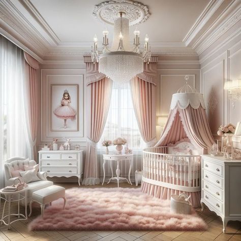 Hacienda Style Nursery, Baby Girl Nursery Crown Molding, Pink Themed Nursery, Nursery In Walk In Closet, Sophisticated Baby Girl Nursery, Nursery Ideas Princess, Luxury Baby Girl Nursery, Coquette Baby Room, Princess Room Ideas Toddler