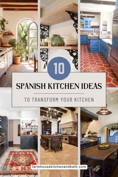 Spanish Kitchen Ideas: 10 Touches to Transform Your Kitchen — Farmhouse Kitchen and Bath Spanish Tiles Kitchen Backsplash, Spanish Kitchen Floor Tiles, Mediterranean Kitchen Tile Backsplash, Spanish Farmhouse Interior, Spanish Influence Kitchen, Modern Spanish Interior Design Kitchen, Spanish Style Home Kitchen, Spanish Colonial Revival Interior, Spanish Style Backsplash