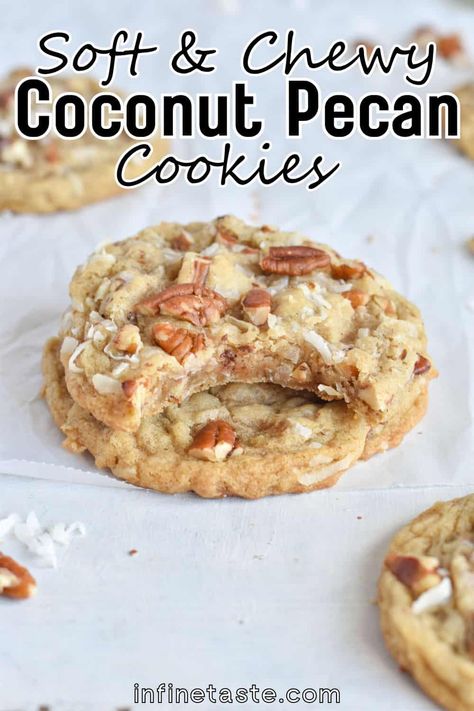 These rich, buttery coconut pecan cookies are soft, chewy with a flavor reminiscent of pecan pie cookies. They are simple to make with gourmet taste. You’ll love this unique cookie flavor, make them for your family for Christmas, holiday cookie exchange, or any time of year. Coconut Pecan Desserts, Chewy Coconut Pecan Cookies, Pecan Turtle Delight Cookies, Coconut Pecan Cookies Chewy, Rum Cookies Recipes, Christmas Gourmet Cookies, Coconut Cream Cookies, Gourmet Cookie Flavors, Asian Cookies Recipes