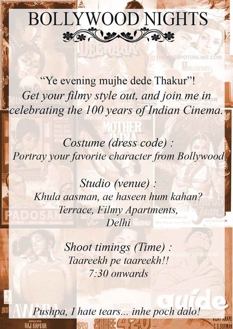 Retro Bollywood Theme Party, Retro Bollywood Theme, Bollywood Party Decorations, Invitation Scroll, Ladies Kitty Party Games, Bollywood Poster, Bollywood Theme Party, Kitty Party Themes, Freshers Party