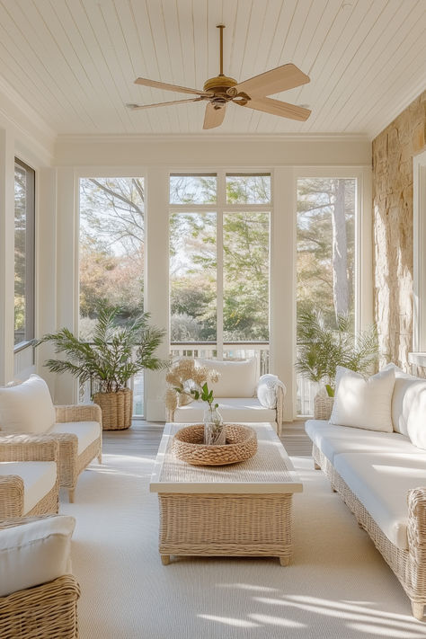 There’s something magical about a sunroom—comfortable seating, natural light, and the perfect blend of indoor and outdoor living. 🌿✨ These versatile spaces seamlessly connect your cozy interiors with the beauty of the outdoors, creating an inviting retreat for any time of day. Solarium Furniture Ideas, Sunroom Sitting Room, Southern Sunroom Ideas, French Country Sunroom Ideas, Sunroom Modern Farmhouse, Glassed In Porches Sunroom Patio, Front Sunroom Entrance, Sunroom Ideas With Fireplace, Sun Room Furniture