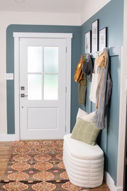 Makeover a Boring Entryway With Blue Paint Windy City Rehab, Bold Accent Wall, Entryway Paint, Blue Entryway, Black Chalkboard Paint, Sherwin Williams Paint, Blue Wall Colors, Grass Roof, Cedar Posts