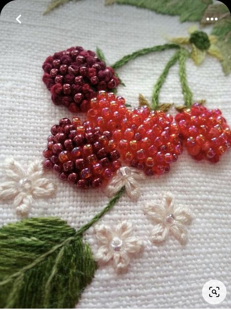 Embroidered Raspberries, Raspberry Embroidery, Beaded Raspberry, Fabric Portraits, Ribbon Embroidery Tutorial, Hand Embroidery Videos, Basic Embroidery Stitches, Handmade Embroidery Designs, Hand Embroidery Tutorial