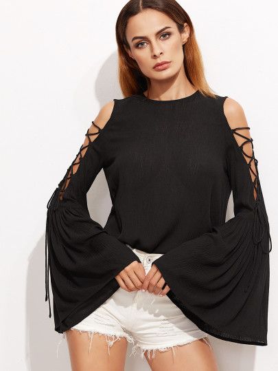 Black Lace Up Open Shoulder Bell Sleeve Crinkle Top Women With Broad Shoulders, Long Sleeve Loose Blouse, Crinkle Top, Broad Shoulders, Plain Tops, Loose Blouse, Round Neck Tops, Ladies Dress Design, Long Blouse