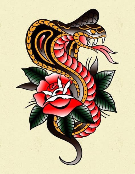 King Cobra Tattoo, Old School Tattoo Sleeve, Traditional Snake Tattoo, Traditional Tattoo Drawings, Cobra Tattoo, Traditional Tattoo Old School, Traditional Tattoo Inspiration, Tattoo Posters, Traditional Style Tattoo