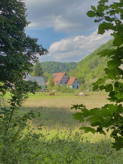 Lush German countryside with a traditional German house and horses in the background German Countryside, Ulm Germany, Farm Town, German Village, Living In Europe, Country Lifestyle, Food Shopping, Bike Rides, Countryside House