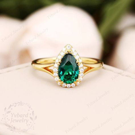 Pear Cut Lab Created Emerald Engagement Ring 14K Yellow Gold - Etsy Australia Deco Wedding Ring, Art Deco Wedding Ring, Moissanite Halo Ring, Split Shank Ring, Art Deco Wedding Rings, Jewelry Details, Lab Created Emerald, Black Quartz, Ring Moissanite