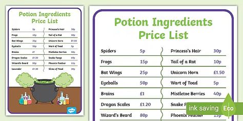 Magic Potion Ingredients Price List (teacher made) Witch Ingredients, Shop Role Play, Potion Shop, Potion Ingredients, Children's Games, Game Recipes, Magic Potion, Cooking Game, Cooking Games