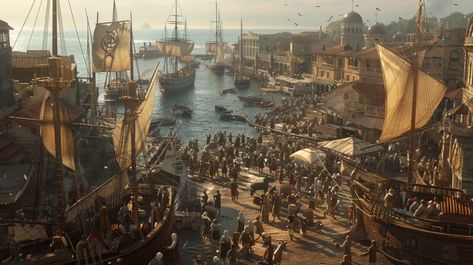 Midjourney AI Image: 15th century European port city during the Age of Exploration, ships in the harbor, people bustling ... → more in ai-img-gen.com Fantasy Harbor, Age Of Exploration, Harbor City, Port City, City Architecture, Small Boats, Book Ideas, 15th Century, Clear Water