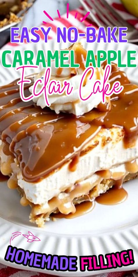 No-Bake Caramel Apple Eclair Cake is the perfect treat for those who crave something sweet and delicious without the hassle of baking. This dessert is incredibly easy to make and is sure to impress your family and friends. Join me in creating this delightful no-bake No Bake Caramel Apple Eclair Cake, Caramel Apple Eclair Cake, No Bake Lemon Eclair Cake, Apple Eclair Cake, Apple Eclair, Eclair Cakes, Lemon Eclair, Baked Caramel Apples, No Bake Eclair Cake