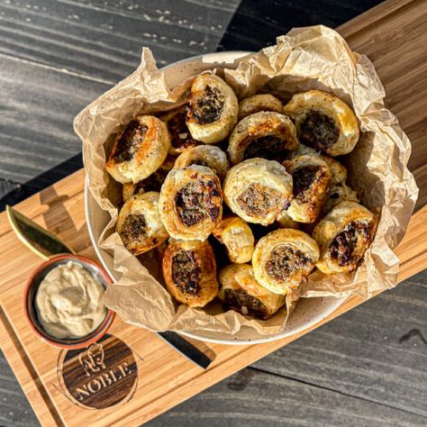 Bison Sausage Rolls | Noble Premium Bison Bison Appetizers, Sausage Appetizers, Ground Bison, Appetizer Platters, Celery Seed, Sausage Rolls, Dry Mustard, How To Cook Sausage, Saute Onions