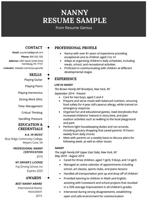 Nanny Resume Example & Writing Tips | Resume Genius Nanny Resume Skills, Nanny Resume Example, Nanny Cv Template, Daycare Templates, Nanny Resume, Nanny Job Description, Job Affirmations, Nursing Cover Letter, Job Preparation