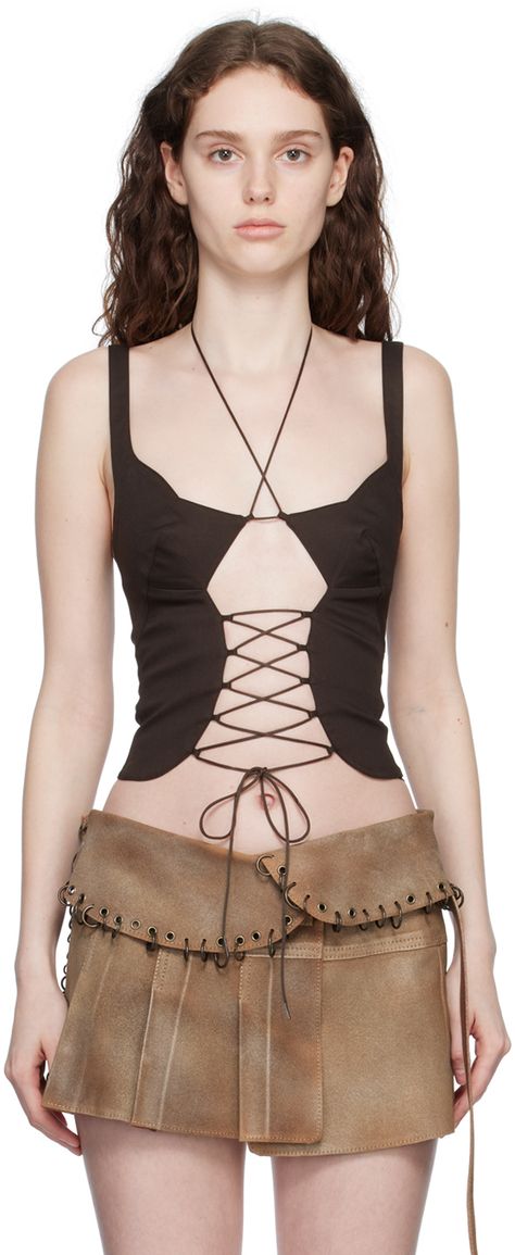 Stretch cotton twill corset-style tank top. · Paneled construction · Self-tie halter strap at plunging scoop neck · Lace-up detailing at front · Partially elasticized adjustable shoulder straps · Zip closure at back · Fully lined Supplier color: Dark Faerie Clothes, Futurism Fashion, Layering Tank Tops, Bodice Top, Halter Strap, Tank Top Camisole, Woven Top, Fashion Line, Corset Style