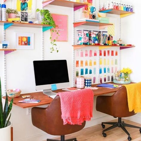 colorful and fun home office or remote working spaces to recreate in your home. Bureau Hack Ikea, Track Shelving, Cozy Office Space, Work Desk Organization, Ikea Desk Hack, Desk Hacks, Study Table Designs, Ikea Desk, Office Colors