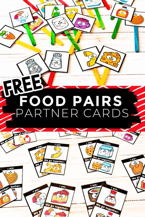 Free printable food pairs partner cards for classroom partner games. Make pairs with fun food pairs like hot cocoa and marshmallows, peas and carrots, cereal and milk. Partner Cards, Teaching Classroom Management, Partner Games, Circle Time Activities, Printable Food, Kindergarten Games, We Go Together, Aktivitas Montessori, Beginning Of The School Year