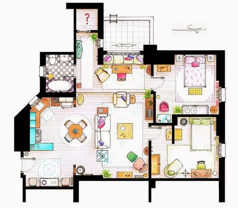 Monica and Rachel’s Apartment Monicas Apartment Layout, Monicas Apartment, Tv Show House, Friends Apartment, Apartment Floor Plan, Sims 4 House Design, Floor Plan Drawing, Apartment Floor Plans, Sims House Plans