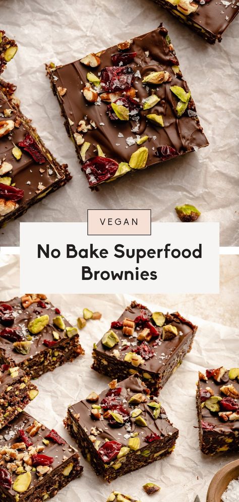 The best no bake brownies packed with healthy fats, fiber, and protein from four types of nuts, dried fruit and chia seeds. These superfood brownie energy bars are vegan, gluten free, naturally sweetened, and taste just like a fudgy brownie! The perfect nutritious treat or snack. #healthydessert #brownies #nobakedessert #vegandessert #glutenfreedessert No Bake Superfood Bars, Raw Brownie Bites, Fruit Based Recipes, Raw Healthy Recipes, Raw Healthy Snacks, Raw Bars Recipe, Raw Snacks Healthy, Raw Vegan Sweets, Raw Vegan Bars