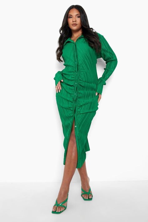 Plus Plisse Midi Ruched Shirt Dress | boohoo Ruched Shirt Dress, Modest Dresses For Women, Ruched Shirt, Plus Dress, Easter Fashion, Big Hug, Boohoo Dresses, Bodycon Fashion, Midi Shirt Dress