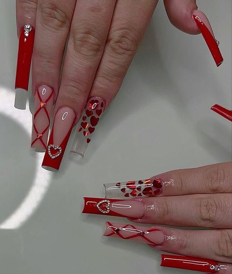 Valentines Nail, Vday Nails, Red Acrylic Nails, Nail Designs Valentines, Nails Design With Rhinestones, Cute Acrylic Nail Designs, Dope Nail Designs, Unique Acrylic Nails, Long Square Acrylic Nails