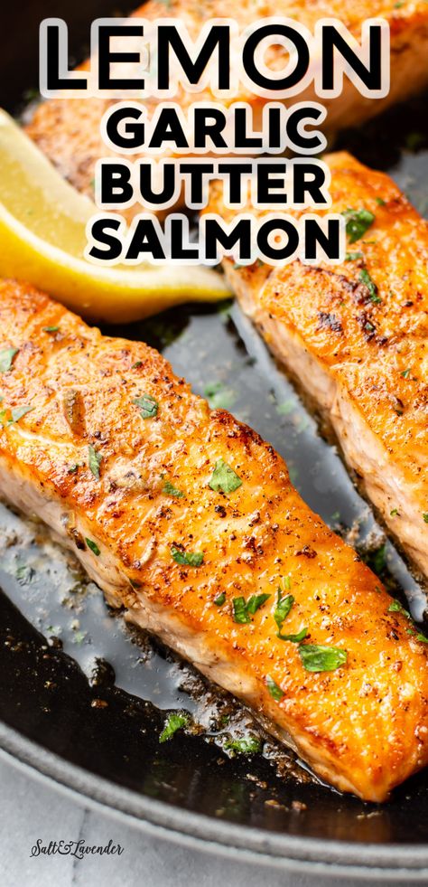 This lemon garlic butter salmon recipe is quick and has the juiciest pan fried salmon! This step-by-step recipe makes perfect salmon every time. Lemon Salmon Recipes, Lemon Garlic Butter Salmon, Salmon Steak Recipes, Fried Salmon Recipes, Salmon Recipes Baked Healthy, Garlic Butter Salmon, Fish Dinner Recipes, Butter Salmon, Lemon Salmon