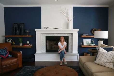 HOW TO DO AN ACCENT WALL RIGHT Navy Accent Wall Living Room Fireplace, Fireplace Accent Wall Color, Plain Fireplace, Blue Accent Wall Living Room, Newburyport Blue, Navy Accent Walls, Fireplace Accent Walls, Dark Accent Walls, Navy Living Rooms