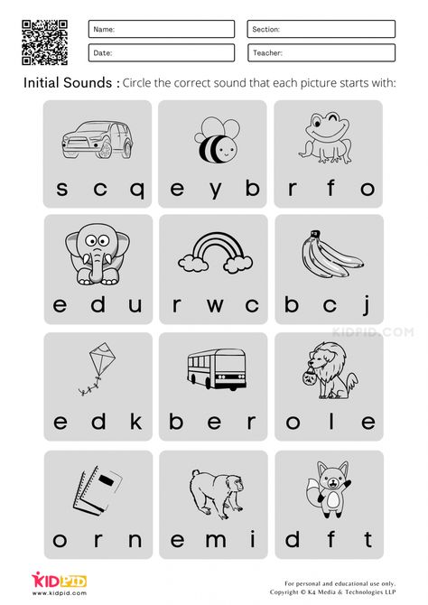 Initial Sounds Worksheets for Kindergarten - Kidpid Letter Sound Worksheets, Beginning Sounds Kindergarten, Initial Sounds Worksheets, English Classes For Kids, Curriculum Preschool, Abc Phonics, Sounding Out Words, Decoding Words, Worksheets Kindergarten