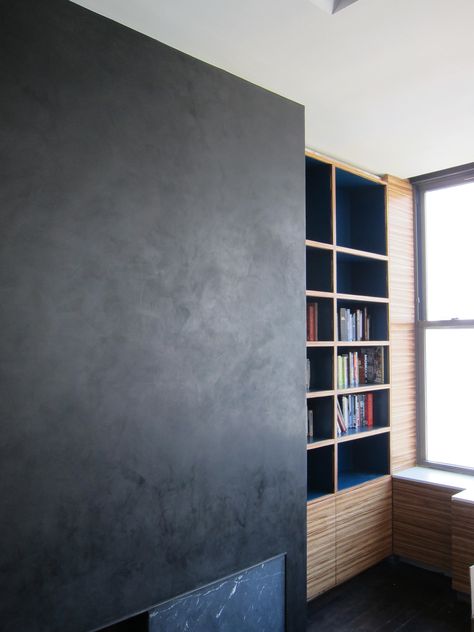 Possibility for detail wall behind bed  (Black Venetian Plaster, NYC www.gldecorativefinishes.com) Black Venetian Plaster, Plaster Fireplace, Wall Behind Bed, Detail Wall, Stucco Fireplace, Black Painted Walls, Ventless Fireplace, Venetian Plaster Walls, Faux Walls