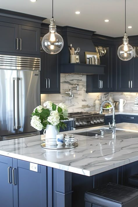 Blue Modern Kitchen Design, Light Blue Kitchen Aesthetic, Blue Cabinets White Countertops, Contemporary Kitchen Design Luxury, Blue And White Kitchen Ideas, Coastal Modern Kitchen, White And Blue Kitchen, Coastal Kitchens, Coastal Kitchen Design