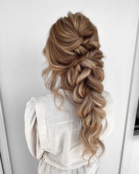 Bridal Hairstyles With Braids Half Up, Half Up Boho Braid Wedding Hair, One Braid Wedding Hair, Braided Hair For Wedding Bridesmaid, Big Braids Hairstyles Wedding, Wedding Braid Half Up Half Down, Bridesmaid Hairstyles Braid Down, Bridesmaid Braided Hair, Braided Bridal Hair With Veil