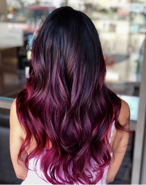 Black To Magenta Ombre Hair, Red And Purple Highlights On Dark Hair, Fushia Hair Highlights, Dark Mermaid Hair, Black And Magenta Hair, Fuschia Highlights, Black To Pink Ombre Hair, Balayage Hair Pink, Pulp Riot Hair Color Ideas