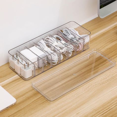 PRICES MAY VARY. Dimension --- Brand new plastic cable organizer box with adjustable compartments, the overall dimension with Lid: 10” x 3.3” x 2.6” ( L x W x H ); the compartment dimension: 3.3” x 1” x 2” ( L x W x H ) . Material --- Tahaje cable management box for desk drawer is made of premium plastic material, which is lightweight and compact, sturdy and durable for long lasting use. Heavy duty plastic home office supplies organizer is stylish and modern decor, simple and practical, saving s Cord Drawer Organization, Cable Organization Storage, Charging Cord Organization, Organize Charging Cords, Organize Cords And Chargers, Teen Desk Organization, How To Decorate Your Office At Work, Cables Organizer, Cord Organization Storage