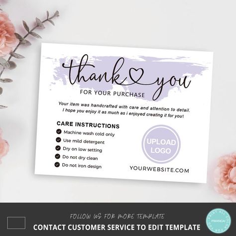 Baking Small Business, Printable Iron On Vinyl, Business Gift Card, Cards For Business, Care Instructions Card, Place Cards Wedding, Small Business Gifts, Business Labels, Small Business Cards