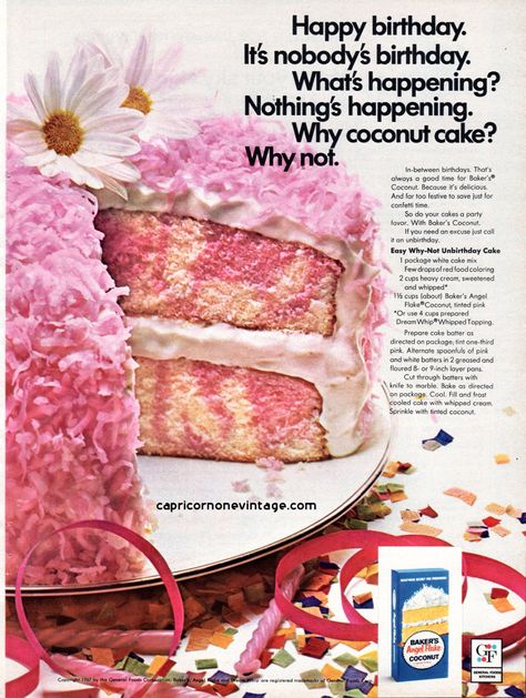 Unbirthday Cake, Cake Magazine, Retro Desserts, Crafting Recipes, Retro Food, Vintage Baking, Vintage Dessert, Cake Packaging, Food Advertising