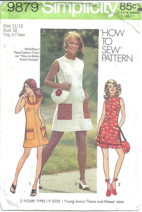 1970s Juniors Mini Dress 1972 Fashion, Shoulder Bag Sewing, How To Make Patches, 1970s Sewing Patterns, Bag Sewing Pattern, Simplicity Dress, 70’s Fashion, Make Your Own Clothes, Bag Sewing