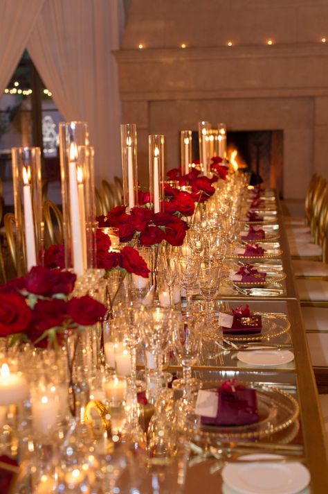 Glam and modern wedding. event and floral design by inviting occasion.  Photos by studioEMP. Burgundy red and gold wedding. Tablescape. Candles. Pelican Hill reception Red Gold Wedding, Red Wedding Decorations, Quince Decorations, Red Wedding Theme, Tafel Decor, Formal Dinner, Long Table, Glamorous Wedding, Red Wedding