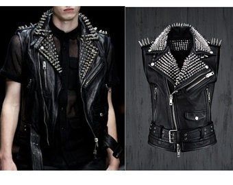 View Men's jacket by HIDESOULSstudio on Etsy Studded Leather Vest, Rock Punk Style, Punk Leather Jacket, Leather Button Up, Studs And Spikes, Black Leather Vest, Stud Fashion, Black Punks, Biker Vest