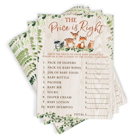 Woodland Baby Shower Game, Birthday Wine Bottle Labels, Animal Baby Shower Games, Forest Animal Baby Shower, Price Is Right Games, Baby Shower Game Cards, Baby Shower Advice, Baby Shower Woodland Theme